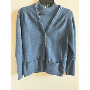 Vintage Ladies 36 Blue 2 Piece Classic Sweater Set Lambs Wool Mix Tank Cardigan